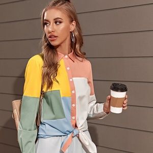 Contrast Panel Curved Hem Button Up Blouse S